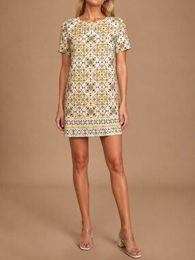 Lulus Dandy Lion Yellow Tile Print Shift Dress Mini Mod Boho S Gold Medallion